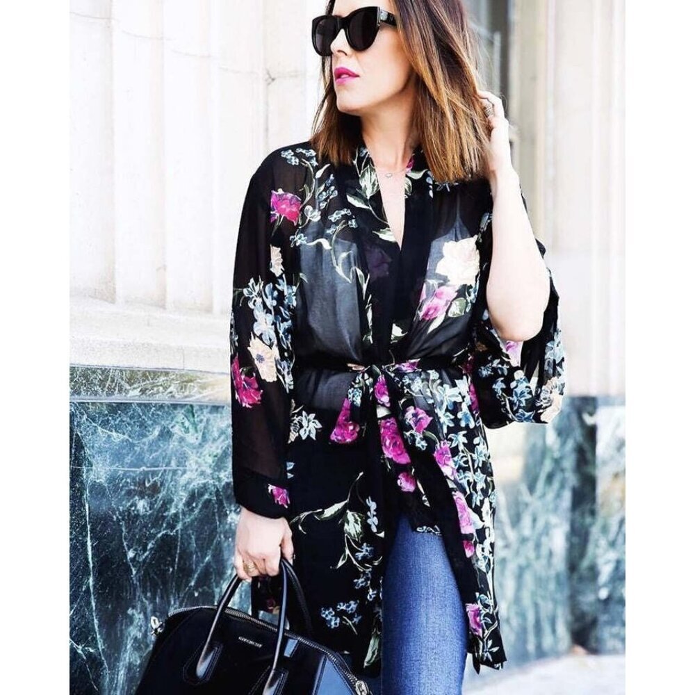HELENA QUINN Georgette Sheer Dark Floral Robe Belted Kimono Cover Up One Size